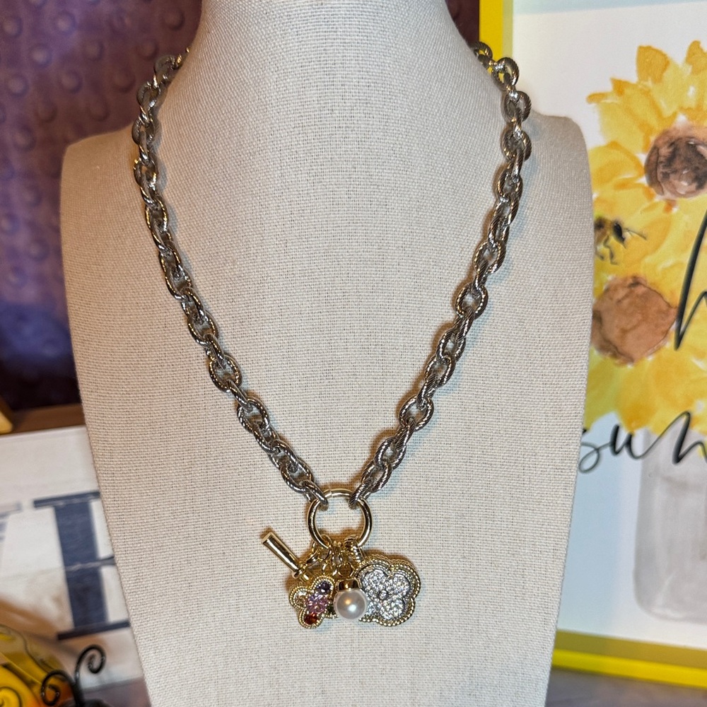 Two Tone Chunky Chain Necklace with Crystal & Pearl Charms BNIB